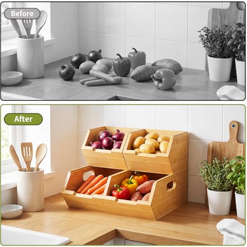 Bambition Bamboo Pantry Storage Bins and Organizers, Stackable Potato and Onion Storage Bin with Handles, Wood Bins for Fruits Vegetables Produce and Snacks - Image 3