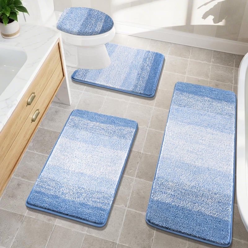 Bsmathom Bathroom Rugs Sets 4 Piece Soft Absorbent Microfiber Bath Rugs with UShaped Contour Toilet Rug and Toilet Lid Cover Thick NonSlip Plush Shaggy Bath Mat SetLight Blue