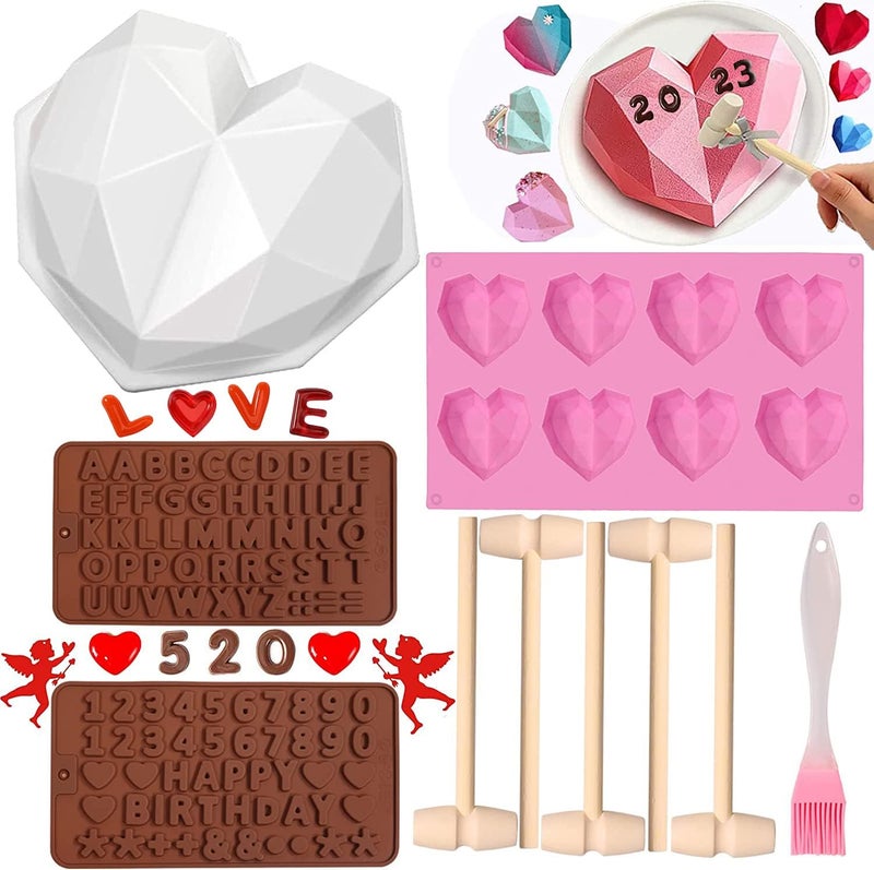 10pcs Valentines Heart Silicone Molds Large Breakable Heart Mold for Chocolate with Hammer 8 Cavity Diamond Heart Shaped Silicone Molds for Valentines Candy Making