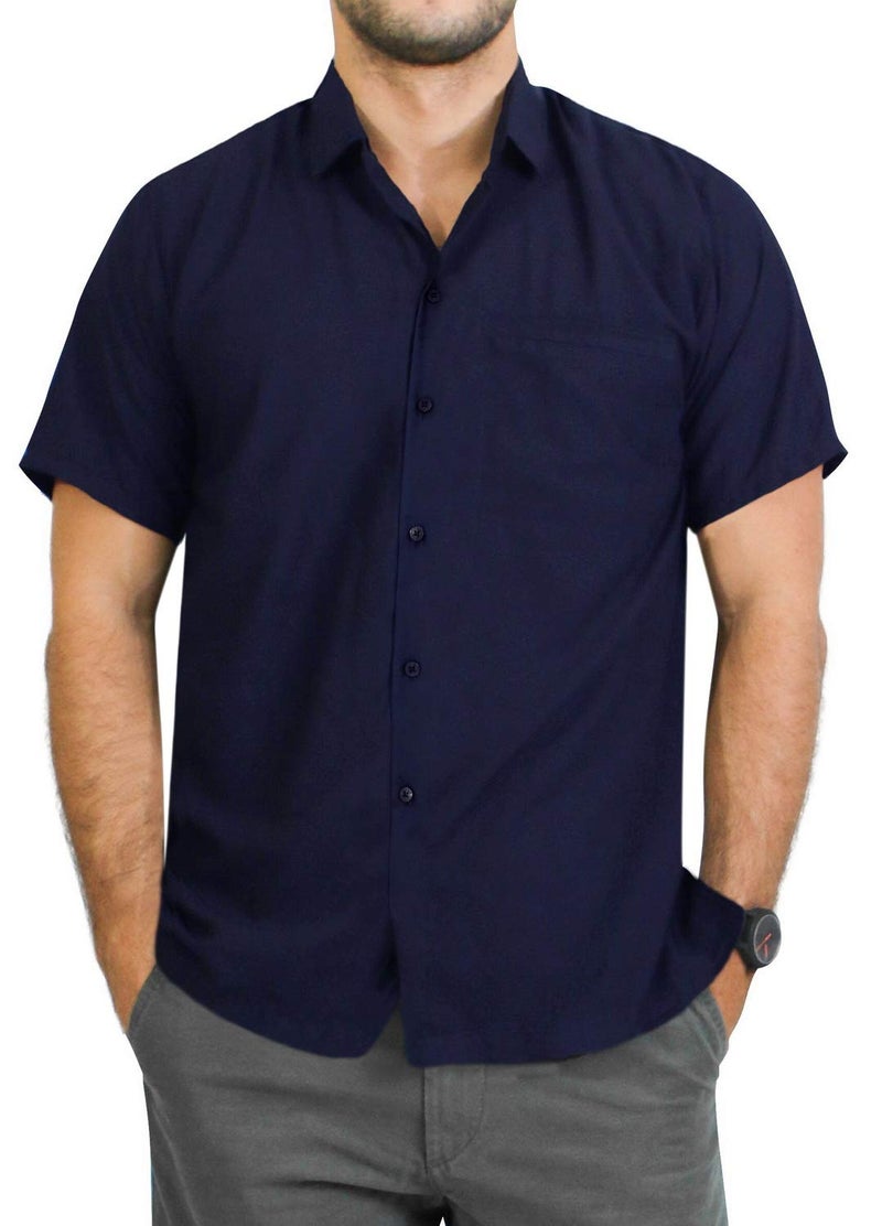 LA LEELA Mens Short Sleeve Button Down Casual Camp Summer Shirt Beach Shirts Collar Business Solid Shirts for Men Vacation Dress Shirts with Pocket XL Navy Plain - Image 1