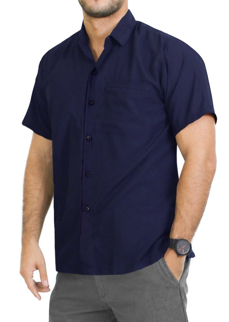 LA LEELA Mens Short Sleeve Button Down Casual Camp Summer Shirt Beach Shirts Collar Business Solid Shirts for Men Vacation Dress Shirts with Pocket XL Navy Plain - Image 3