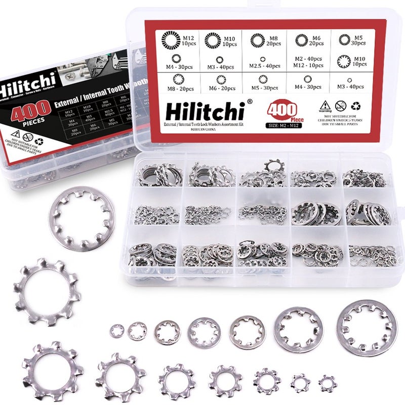 Hilitchi 400-Pcs [8-Size] 304 Stainless Steel External Internal Tooth Star Lock Washers Assortment Kit - Included: M2 M3 M4 M5 M6 M8 M10 M12 - Image 1