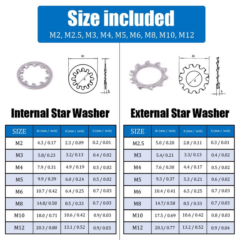 Hilitchi 400-Pcs [8-Size] 304 Stainless Steel External Internal Tooth Star Lock Washers Assortment Kit - Included: M2 M3 M4 M5 M6 M8 M10 M12 - Image 2
