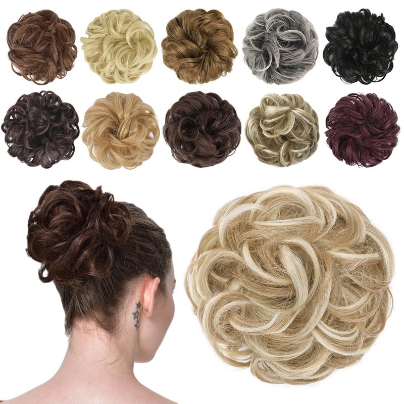 FESHFEN Messy Bun Hair Piece - Wavy Synthetic Chignon Scrunchies for Instant Volume, Elastic Bun Ponytail Hair Extensions Thick Hairpieces for Women, Dirty Blonde 1.50 oz - Image 1