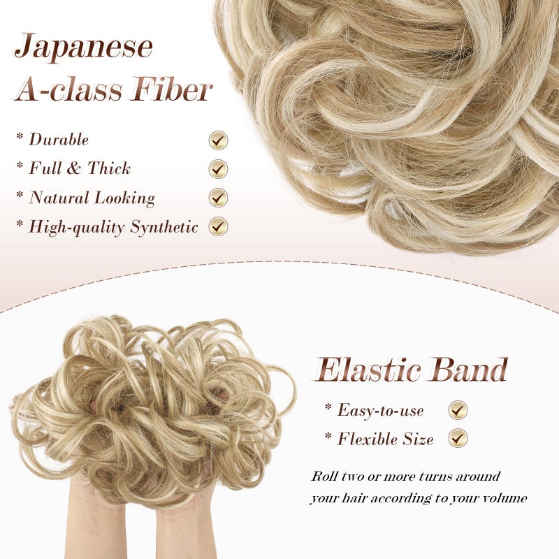 FESHFEN Messy Bun Hair Piece - Wavy Synthetic Chignon Scrunchies for Instant Volume, Elastic Bun Ponytail Hair Extensions Thick Hairpieces for Women, Dirty Blonde 1.50 oz - Image 3