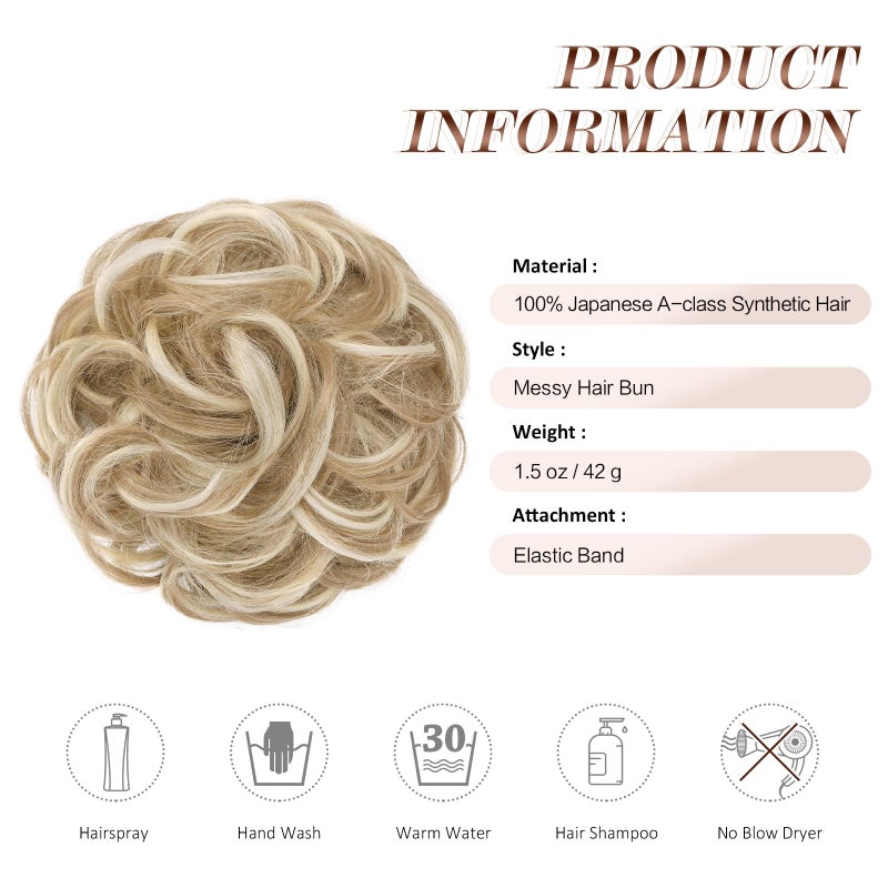 FESHFEN Messy Bun Hair Piece - Wavy Synthetic Chignon Scrunchies for Instant Volume, Elastic Bun Ponytail Hair Extensions Thick Hairpieces for Women, Dirty Blonde 1.50 oz - Image 4