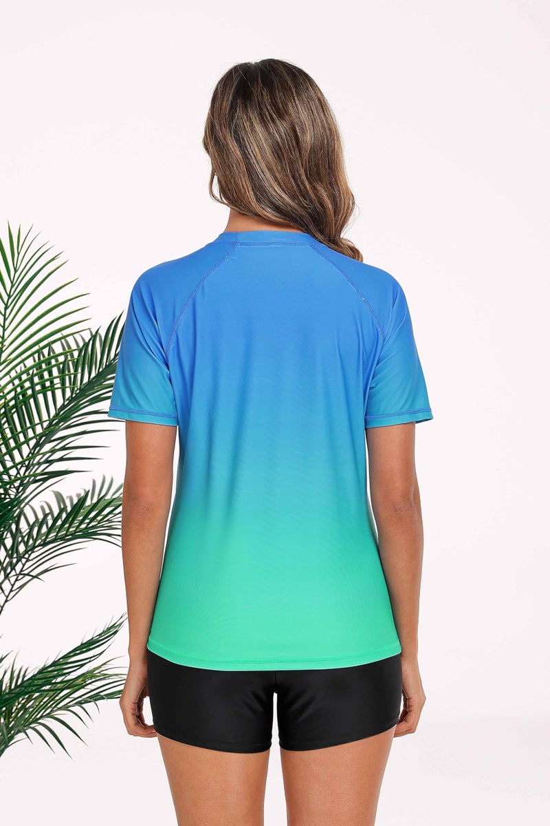 Halcurt Womens Bathing Suit T Shirt and Shorts Rash Guard with Bra Built in Short Sleeve Ombre Blue L - Image 4