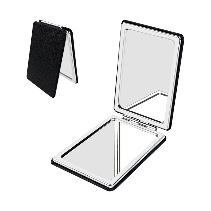 PORTABLE BEAUTY MIRROR WITH LEATHER COVER 1X2X TWOSIDED MAKEUP SMALL POCKET MIRROR PORTABLE FOR TRAVEL AND PURSES BLACK