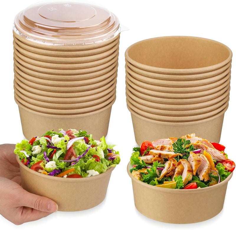 Giwrmu Paper Salad Bowls with Clear Lids, 750 ML Disposable Round Shape Kraft Food Containers Suit for BBQ, Gatherings and Parties. (25 oz 25 Pcs with Lids) - Image 1