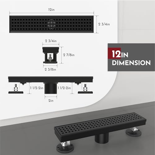 WEBANG 12 Inch Linear Shower Drain Rectangular Floor Drain with Accessories Square Hole Pattern Cover Grate Removable SUS304 Stainless Steel CUPC Certified Matte Black - Image 2