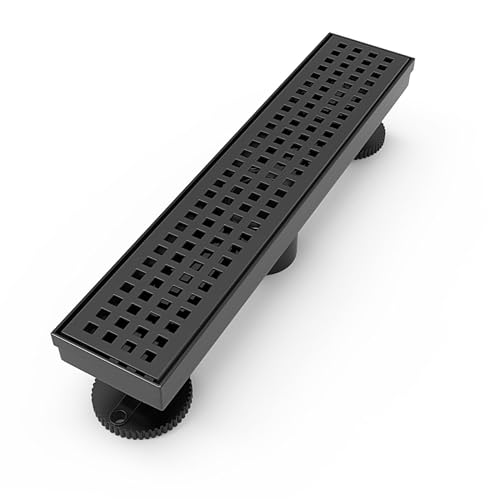WEBANG 12 Inch Linear Shower Drain Rectangular Floor Drain with Accessories Square Hole Pattern Cover Grate Removable SUS304 Stainless Steel CUPC Certified Matte Black - Image 1