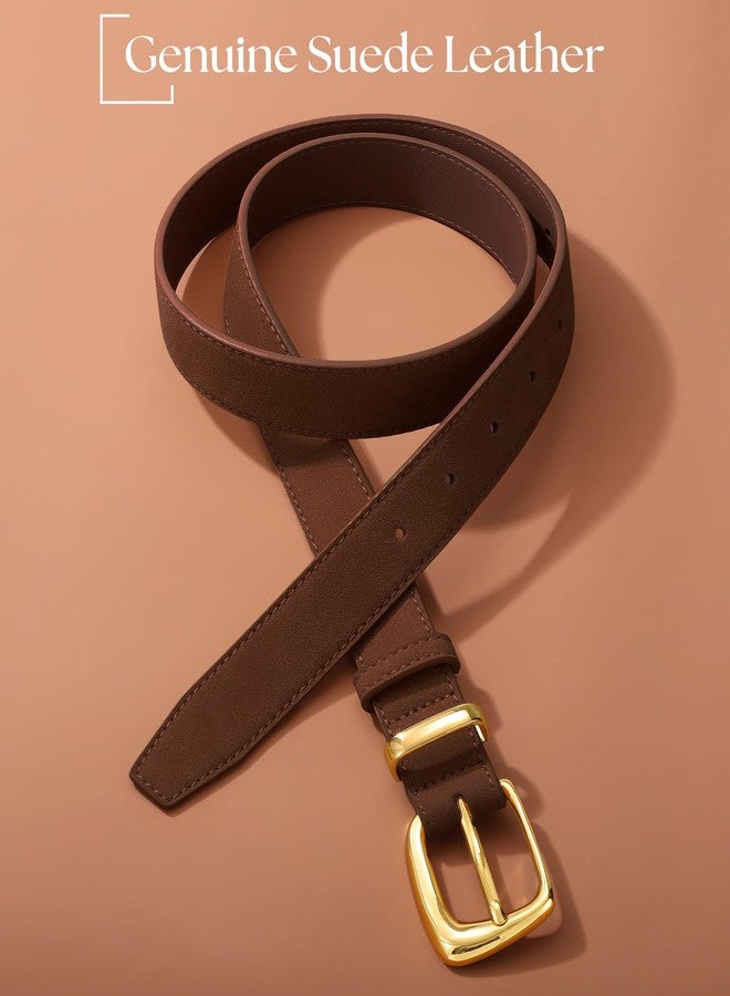 SANSTHS Women Suede Genuine Leather Belt for Dresses Jeans Fashion Retro Gold Buckle Ladies Waist Belts,Coffee,S - Image 2