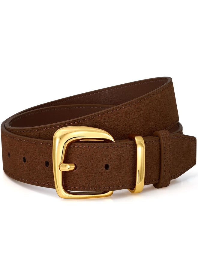 SANSTHS Women Suede Genuine Leather Belt for Dresses Jeans Fashion Retro Gold Buckle Ladies Waist Belts,Coffee,S - Image 1