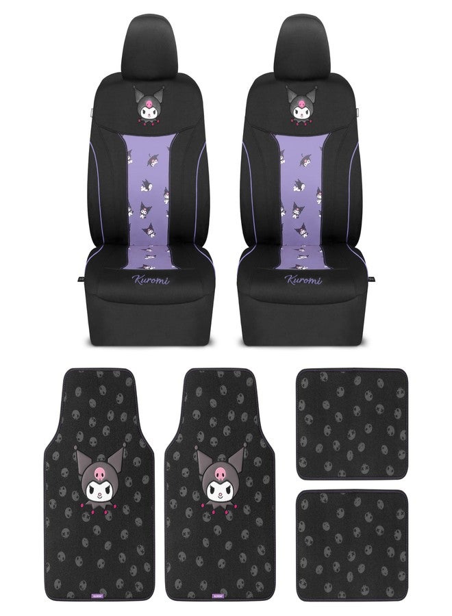 Carbella Hello Kitty Kuromi Car Seat Covers - Cute Black and Purple Front Seat Covers with 4PC Carpet Car Floor Mats - Universal Fit for Cars, SUVs & Trucks - Black with Kuromi Print & Purple, Pink Accents - Image 1