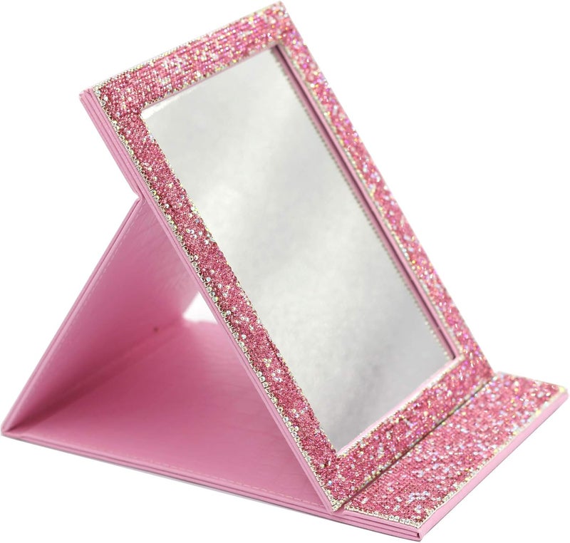 Bestbling Bling Portable Mirror Folding Travel Vanity Mirror with Desktop Standing Makeup Mirror for Cosmetics Beauty (Pink) 