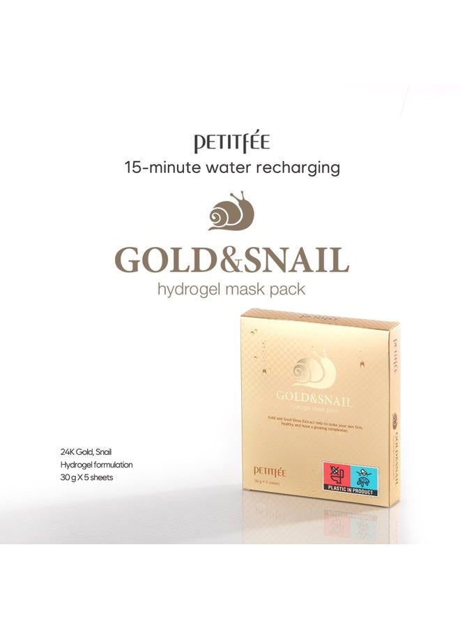 Petitfee Gold & Snail Hydogel Face Mask 5ea (30g*5) - 24k Gold Facial Mask for Firming, Healthy Skin, Hydrating, Skin Elasticity, Snail Secretion Filtrate, Citrus Extract, Green Tea Extract - Image 2