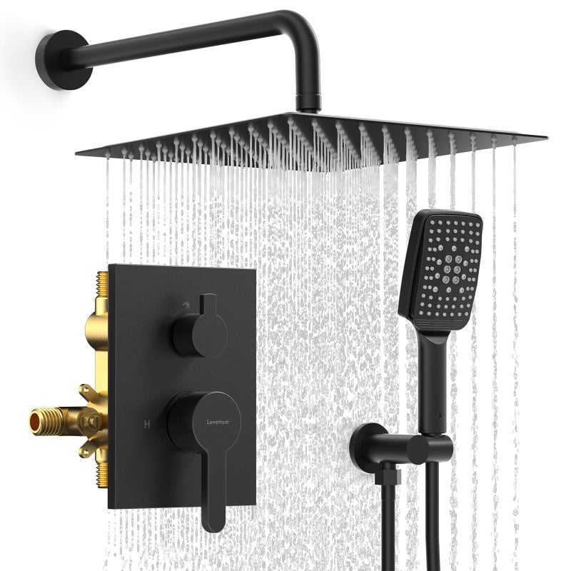 Lavatrum Shower Faucet Set Wall Mounted Shower head with Handheld Comb Rain System 6 Function Pressure Balance Stainless Steel Bathroom Shower Kit Complete 12 Inch Matte BlackWith Valve