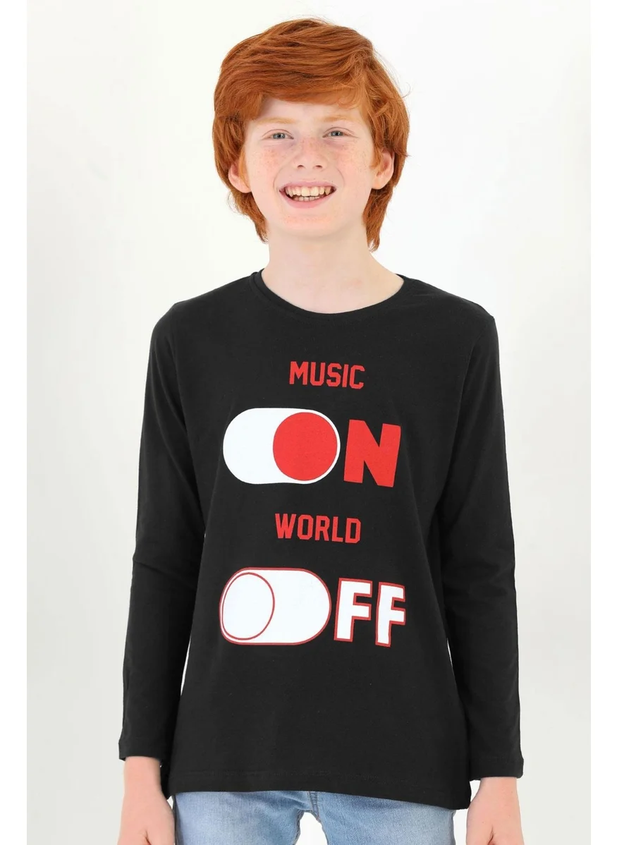 Zepkids Crew Neck Long Sleeve Music On Printed Long Sleeve Black Color Boy T-shirt