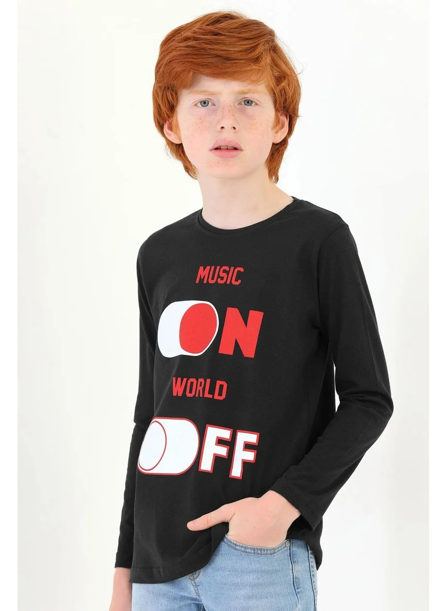Zepkids Crew Neck Long Sleeve Music On Printed Long Sleeve Black Color Boy T-shirt