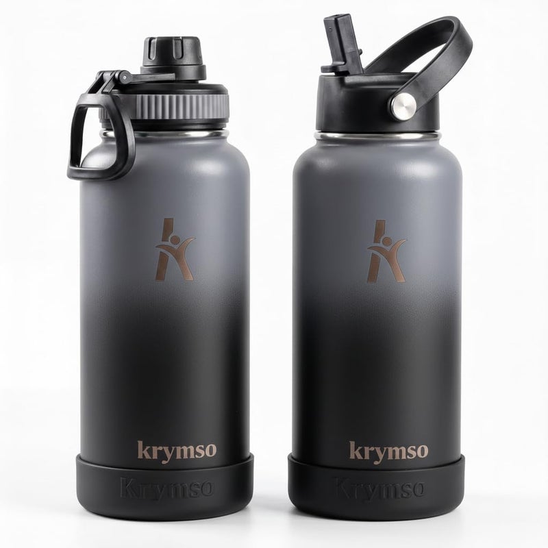 KRYMSO 950ml Stainless Steel Water Bottle, Insulated Thermos Flask, Leakproof, BPA-Free, Gym (Black Shadow) - Image 1