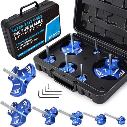 ERAYCO Triple Blade PVC Pipe Reamer Kit Plastic Pipe Fitting Reamer Tool for Plumbing 3 Blades PVC Fitting Saver for SCH40 ABS CPVC Pipe 6 PCS 34 1 112 2 3 4 - Image 1