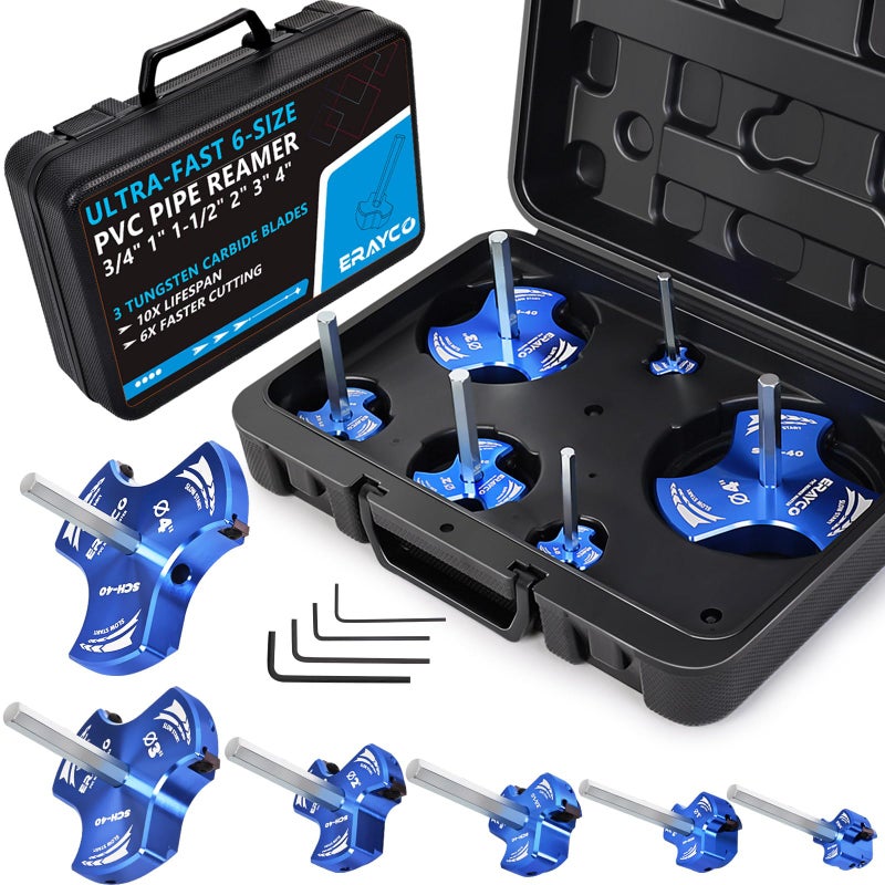 ERAYCO Triple Blade PVC Pipe Reamer Kit Plastic Pipe Fitting Reamer Tool for Plumbing 3 Blades PVC Fitting Saver for SCH40 ABS CPVC Pipe 6 PCS 34 1 112 2 3 4 - Image 2
