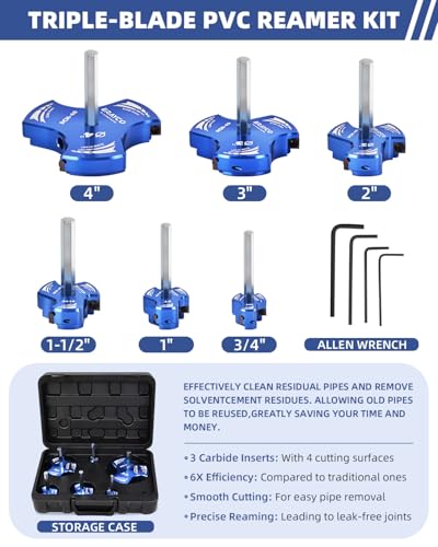 ERAYCO Triple Blade PVC Pipe Reamer Kit Plastic Pipe Fitting Reamer Tool for Plumbing 3 Blades PVC Fitting Saver for SCH40 ABS CPVC Pipe 6 PCS 34 1 112 2 3 4 - Image 3