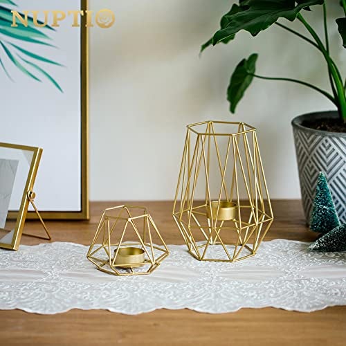 NUPTIO 2 Pcs Metal Hexagon Shaped Geometric Design Tea Light Votive Candle Holders, Iron Hollow Tealight Candle Holders for Vintage Wedding Home Decoration, Gold (S + L) - Image 4