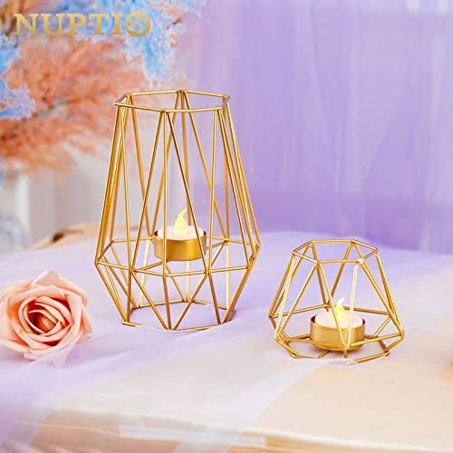 NUPTIO 2 Pcs Metal Hexagon Shaped Geometric Design Tea Light Votive Candle Holders, Iron Hollow Tealight Candle Holders for Vintage Wedding Home Decoration, Gold (S + L) - Image 2