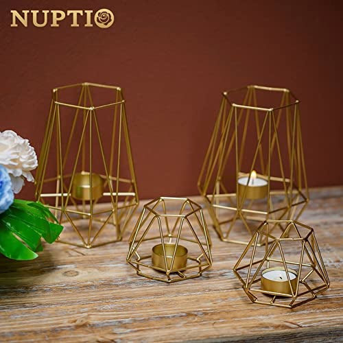 NUPTIO 2 Pcs Metal Hexagon Shaped Geometric Design Tea Light Votive Candle Holders, Iron Hollow Tealight Candle Holders for Vintage Wedding Home Decoration, Gold (S + L) - Image 3