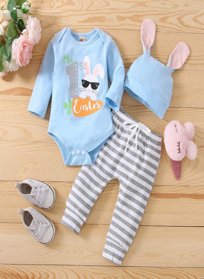 Noubeau Baby Boy Girl Easter Outfit My 1st Easter Long Sleeve Romper Stripe Pants Bunny Ears Hat 3PCS Clothes Set(Bunny-2,3-6 Months) - Image 2