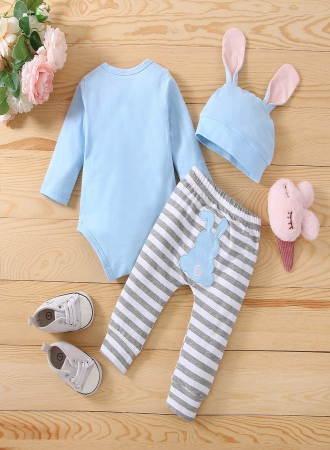 Noubeau Baby Boy Girl Easter Outfit My 1st Easter Long Sleeve Romper Stripe Pants Bunny Ears Hat 3PCS Clothes Set(Bunny-2,3-6 Months) - Image 3