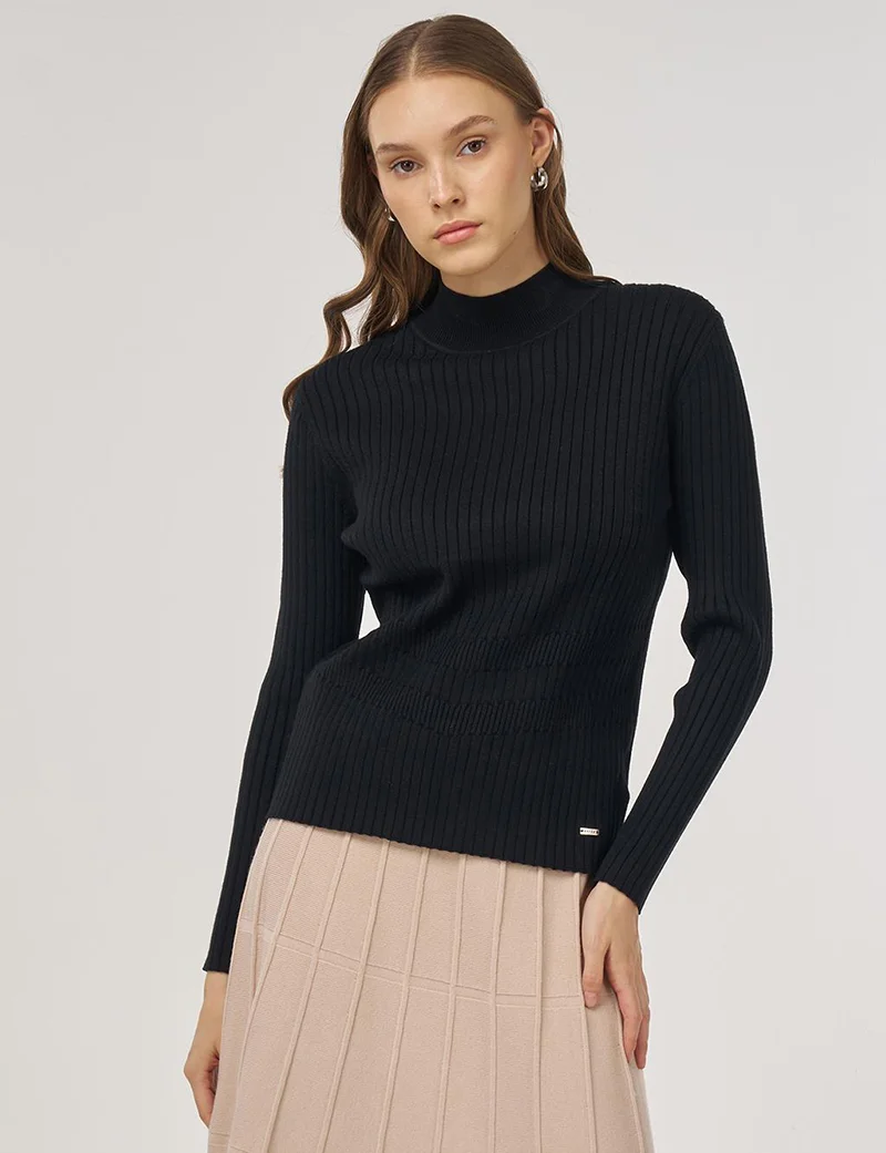 Kayra Ribbed Knit Sweater Black