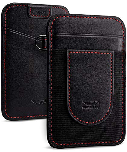 POCKT Card Holder Wallet For Men and Women - Slim Minimalist Front Pocket Wallet Elastic Credit Card Holder Genuine Leather RFID Blocking Card Case Wallets | Black Red - Image 1