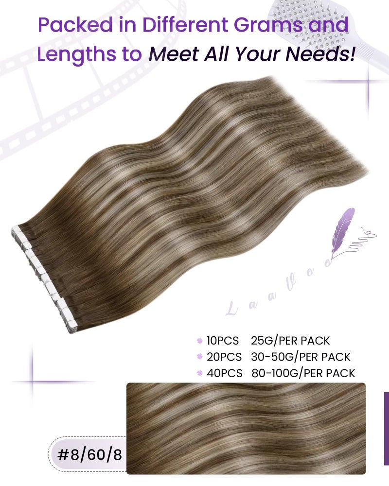 LaaVoo Human Hair Tape in Extensions Ombre Tape in Hair Extensions Human Hair Balayage Light Brown to Platinum Blonde with Brown Tape on Extensions Seamless 20pcs 40g 16inch - Image 3