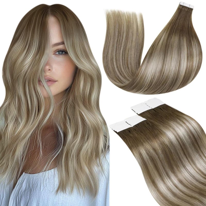 LaaVoo Human Hair Tape in Extensions Ombre Tape in Hair Extensions Human Hair Balayage Light Brown to Platinum Blonde with Brown Tape on Extensions Seamless 20pcs 40g 16inch - Image 1