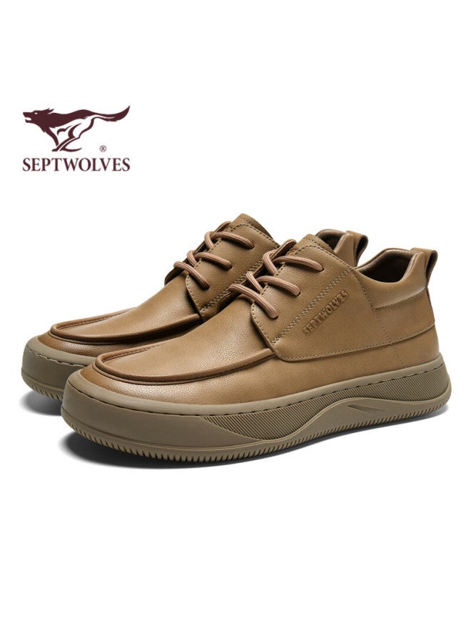 Septwolves Seven Wolves Men's Autumn Winter Casual Leather Shoes Durable Mid-top Outdoor Work Boots W86343660717 Yellow Brown Size 41 - Image 1