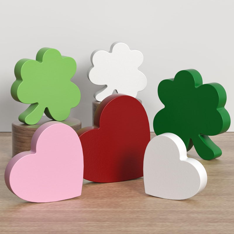 Tovwei Valentine's Day/St. Patrick's Day Decorations Tiered Tray Decor, 6 Pcs Heart and Shamrock Wooden Signs Table Decor for Home Kitchen Office - Image 1