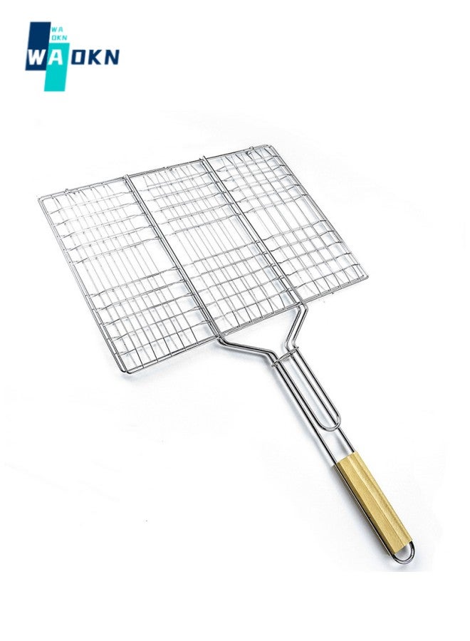 دبليو أيه أو كي أن سلة شواء، مقبض خشبي للشواء شبكي للشواء قابل لإعادة الاستخدام، مناسبة لأسماك الهامبرغر والأطعمة البحرية والخضروات - Image 1