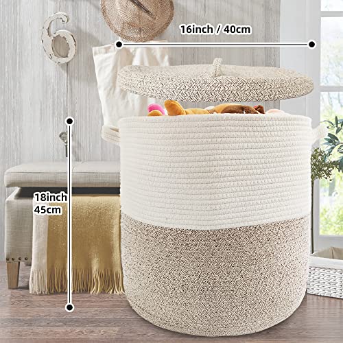 JIABOLANG Large Storage Basket with Lid 60L, 16"Wx18"H Woven Laundry Hamper Basket with Handle, Room Decor Cotton Rope Wicker Basket Toy Organizer Bins for Clothes Blankets Pillows, Beige/White Mix includes Lid - Image 2