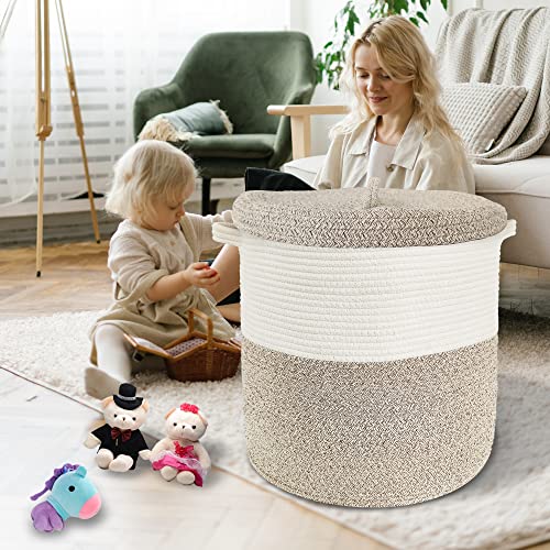 JIABOLANG Large Storage Basket with Lid 60L, 16"Wx18"H Woven Laundry Hamper Basket with Handle, Room Decor Cotton Rope Wicker Basket Toy Organizer Bins for Clothes Blankets Pillows, Beige/White Mix includes Lid - Image 3