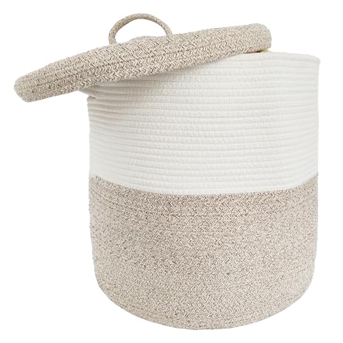 JIABOLANG Large Storage Basket with Lid 60L, 16"Wx18"H Woven Laundry Hamper Basket with Handle, Room Decor Cotton Rope Wicker Basket Toy Organizer Bins for Clothes Blankets Pillows, Beige/White Mix includes Lid - Image 1