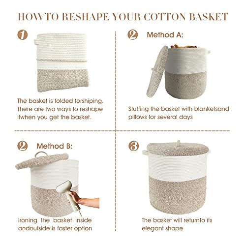 JIABOLANG Large Storage Basket with Lid 60L, 16"Wx18"H Woven Laundry Hamper Basket with Handle, Room Decor Cotton Rope Wicker Basket Toy Organizer Bins for Clothes Blankets Pillows, Beige/White Mix includes Lid - Image 5