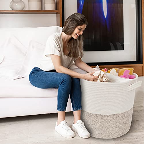 JIABOLANG Large Storage Basket with Lid 60L, 16"Wx18"H Woven Laundry Hamper Basket with Handle, Room Decor Cotton Rope Wicker Basket Toy Organizer Bins for Clothes Blankets Pillows, Beige/White Mix includes Lid - Image 4