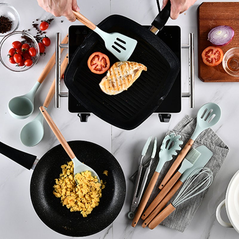 Silicone Cooking Utensils: BPA-Free, Heat-Resistant 446°F, Wood Handle - Hangable Design, Nonstick Cookware Safe Kitchen Utensil Set for Home Kitchen, Housewarming Gifts - Image 5
