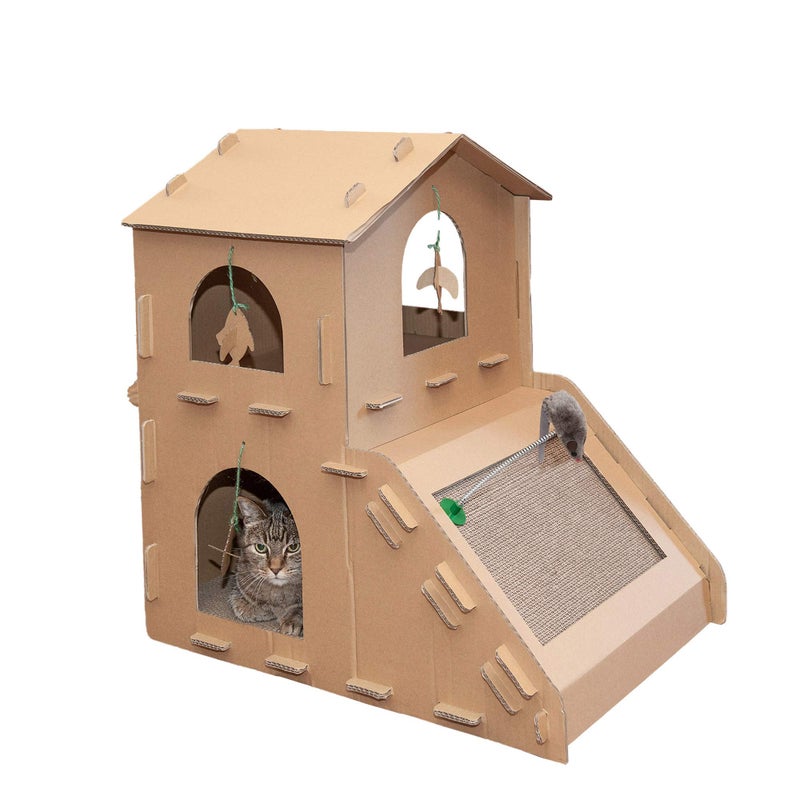 Furhaven Multi-Level Cardboard Cat House w/ Catnip for Indoor Cats, Ft. Scratching Pads & Toys - Townhouse Corrugated Cat Scratcher Hideout - Cardboard Brown, One Size - Image 1