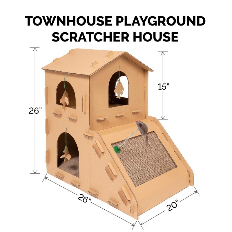 Furhaven Multi-Level Cardboard Cat House w/ Catnip for Indoor Cats, Ft. Scratching Pads & Toys - Townhouse Corrugated Cat Scratcher Hideout - Cardboard Brown, One Size - Image 2