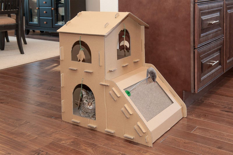 Furhaven Multi-Level Cardboard Cat House w/ Catnip for Indoor Cats, Ft. Scratching Pads & Toys - Townhouse Corrugated Cat Scratcher Hideout - Cardboard Brown, One Size - Image 3