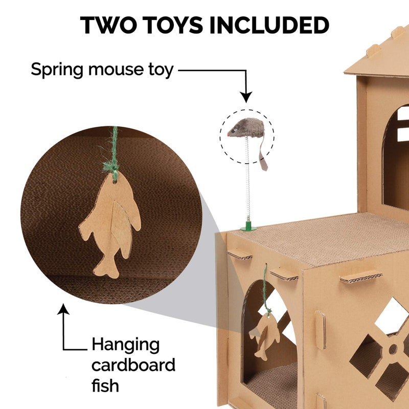 Furhaven Multi-Level Cardboard Cat House w/ Catnip for Indoor Cats, Ft. Scratching Pads & Toys - Townhouse Corrugated Cat Scratcher Hideout - Cardboard Brown, One Size - Image 5