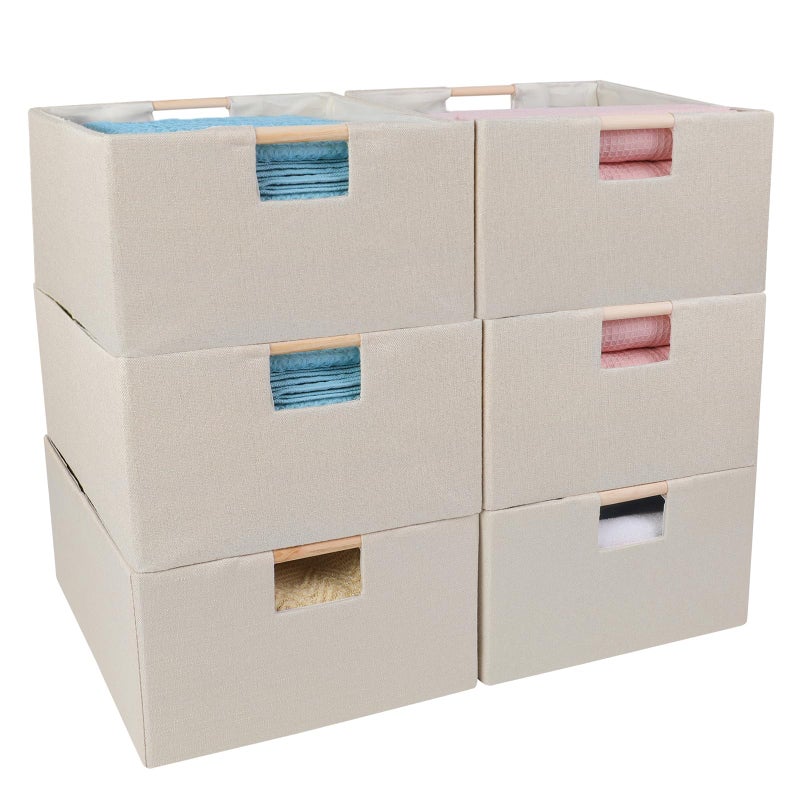 ANMINY 6PCS Closet Storage Baskets for Shelves 134 x 9 Inch Collapsible Fabric Storage Bins with Wood Handles Cloth Shelves Organizer Bins Decorative Fabric Baskets Small Beige - Image 2